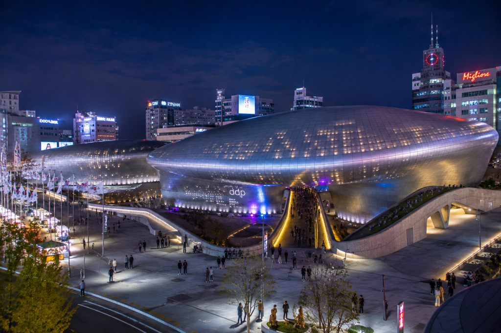 Dongdaemun Design Plaza DDP illuminated at night in Seoul, South Korea