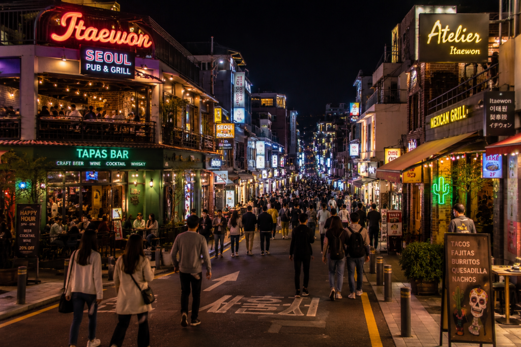 Itaewon street with restaurants and shops in Seoul, South Korea