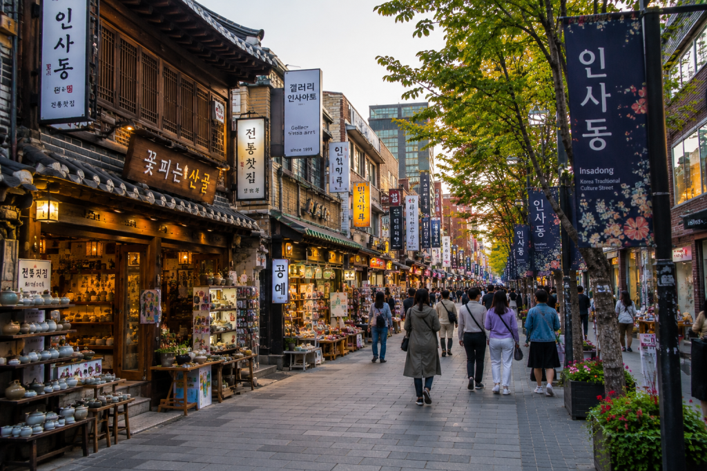 Traditional street in Insadong, Seoul with Korean shops and visitors