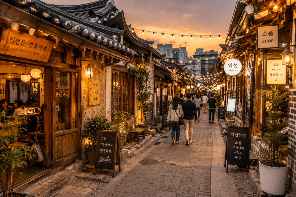Traditional hanok cafes and narrow streets in Ikseon-dong, Seoul, South Korea