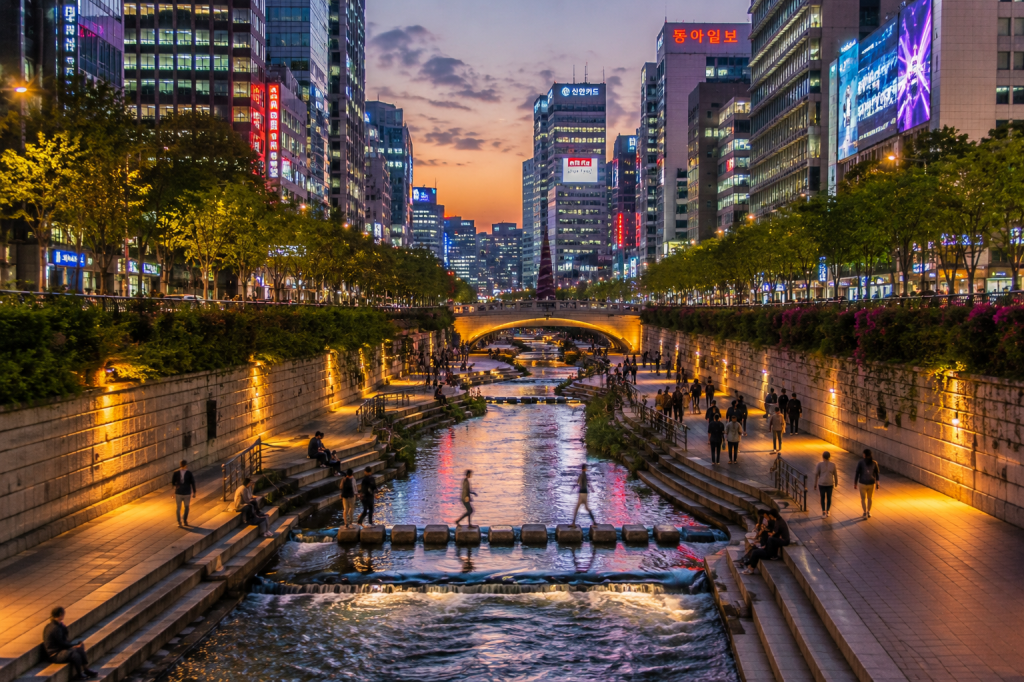 Cheonggyecheon Stream illuminated at night in downtown Seoul, South Korea