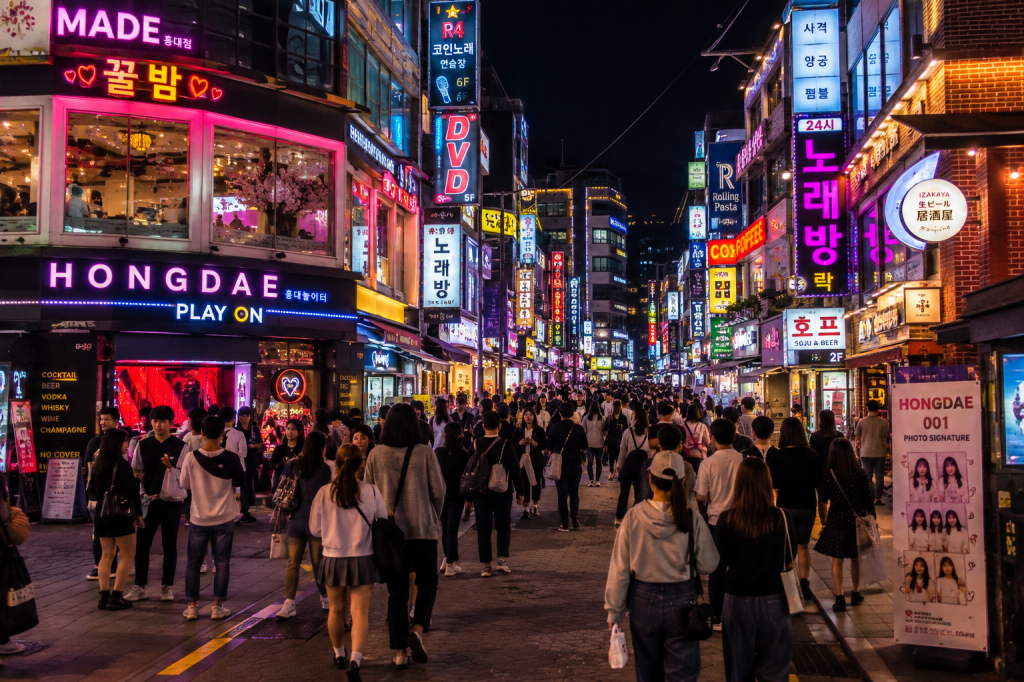 Busy Hongdae street with shops and nightlife in Seoul, South Korea