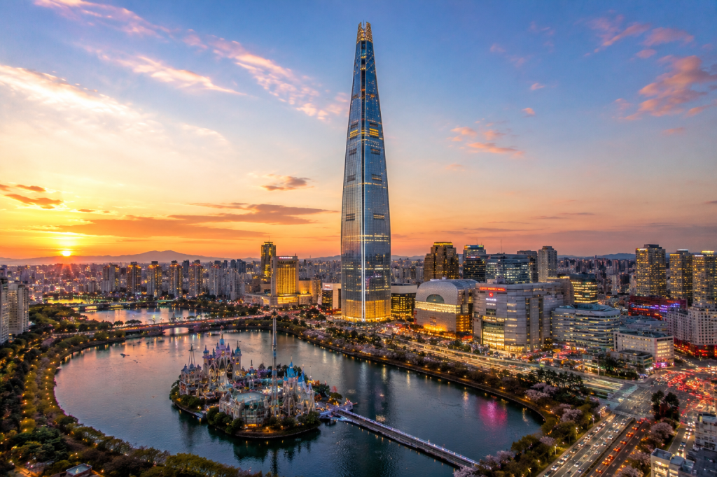 Lotte World Tower and Seoul skyline at sunset in South Korea