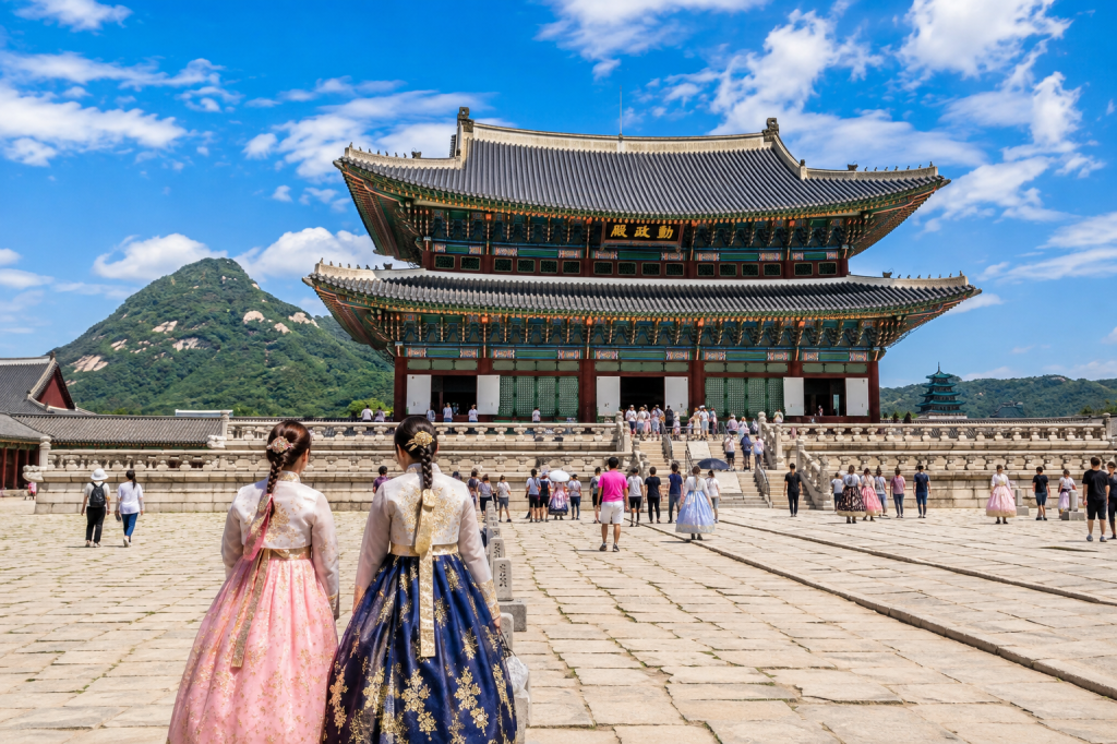 Gyeongbokgung Palace in Seoul with visitors wearing traditional Korean hanbok