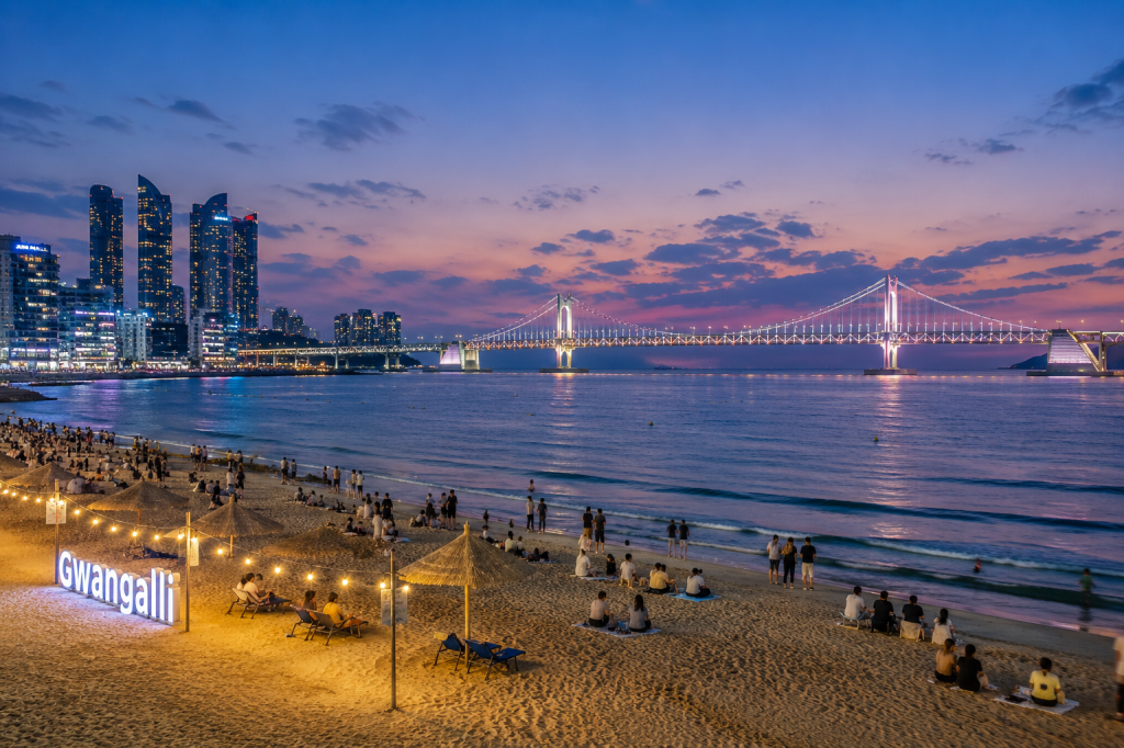 Gwangalli Beach and Gwangan Bridge at sunset in Busan, South Korea