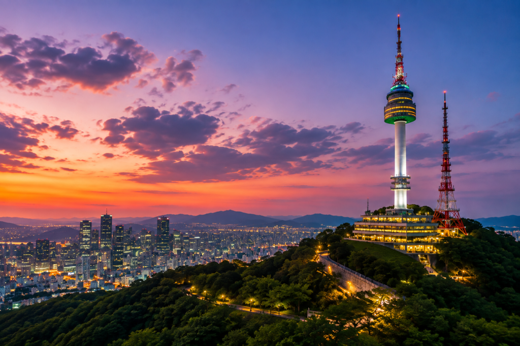 N Seoul Tower overlooking the Seoul skyline at sunset, South Korea
