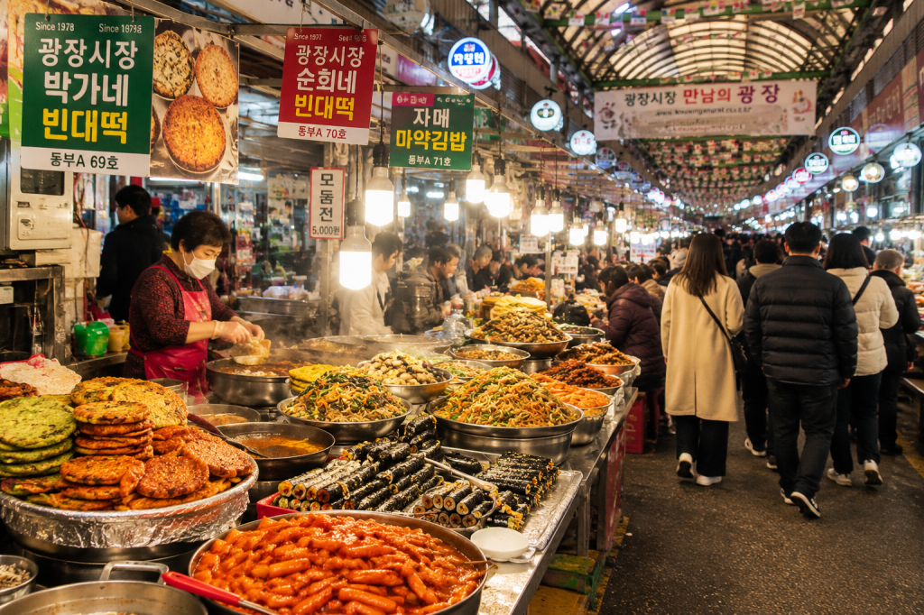 Korean street food stalls at Gwangjang Market in Seoul, South Korea