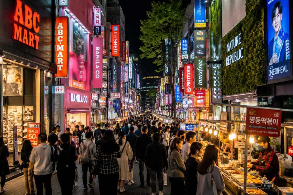 Busy shopping street in Myeongdong, Seoul, South Korea at night