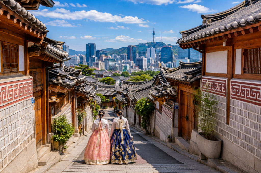 Traditional Korean hanok houses in Bukchon Hanok Village, Seoul, South Korea
