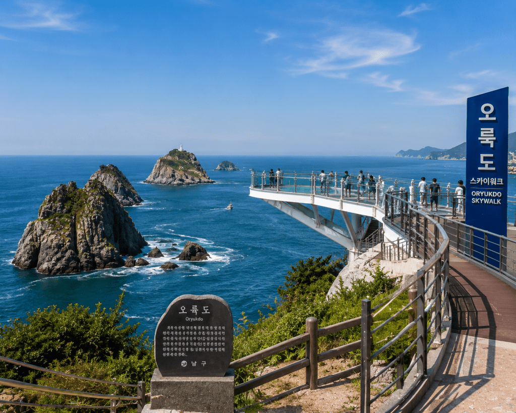 Oryukdo Skywalk and coastal islands in Busan, South Korea