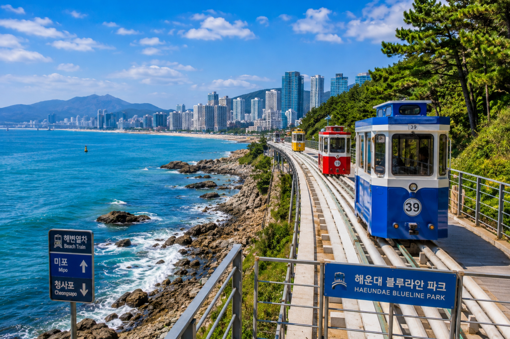 Haeundae Blueline Park beach train along the coast in Busan, South Korea